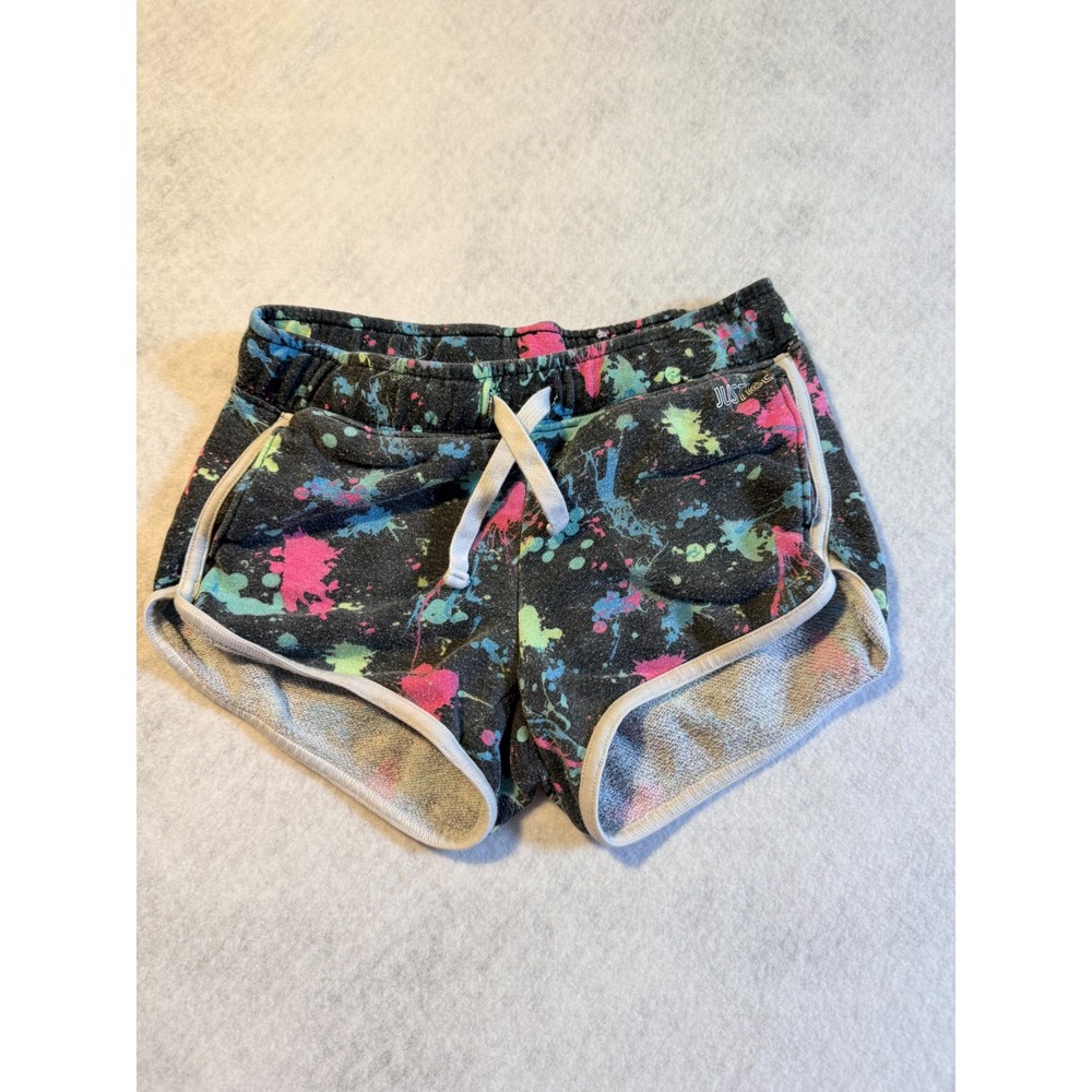 Justice Girls Paint Splatter Dolphin Shorts Neon Pink Blue Gray Size S 7/8